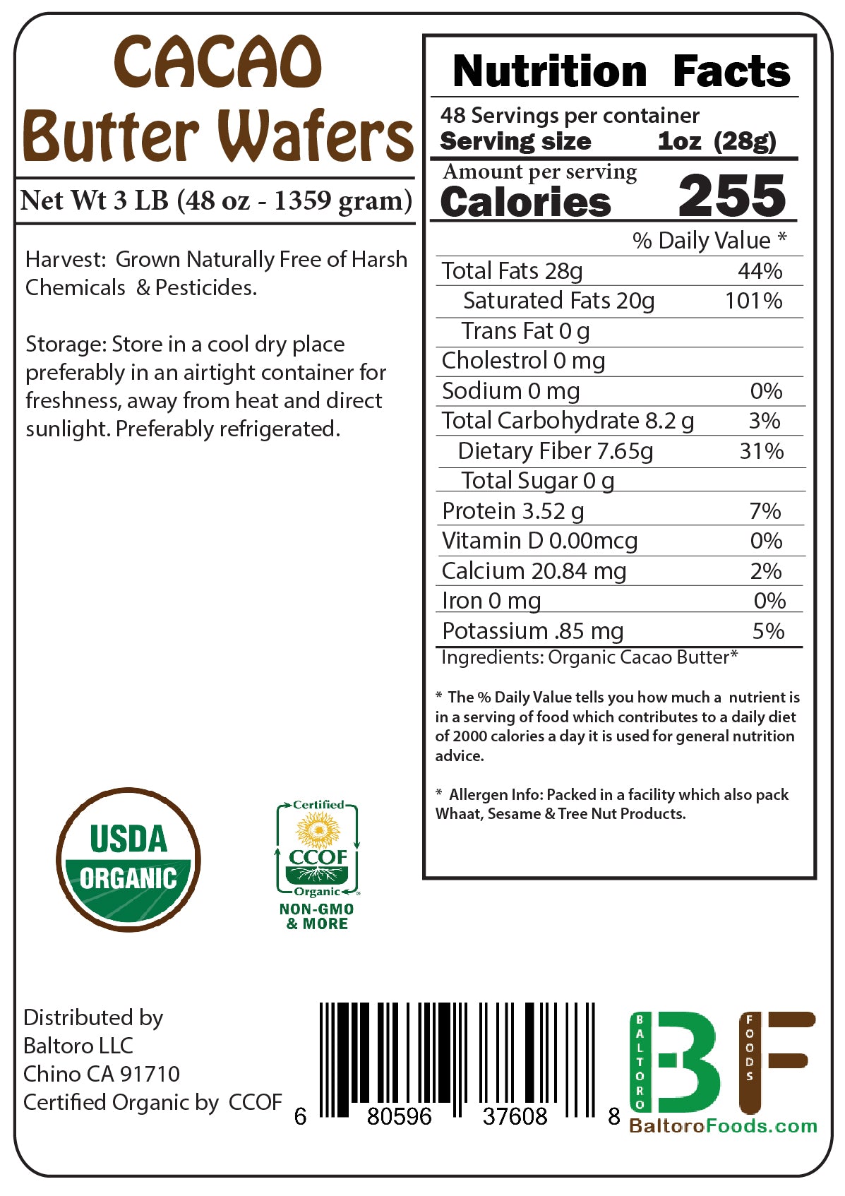 Organic Cacao Butter Wafers Gluten Free Non-GMO Raw Unsweetened Vegan, Sirtfood, Bulk