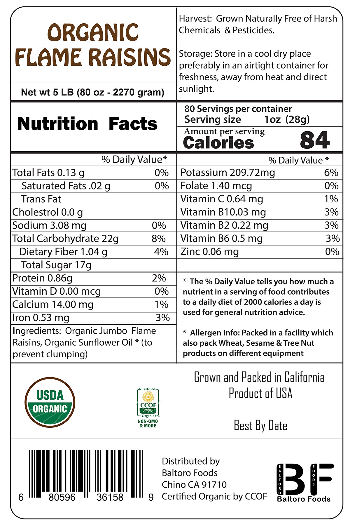 Organic Flame Raisins Seedless No added Sugar, Non GMO, Vegan, Pesticide Free Unsulfured Vegan Bulk US Grown, by Baltoro Foods