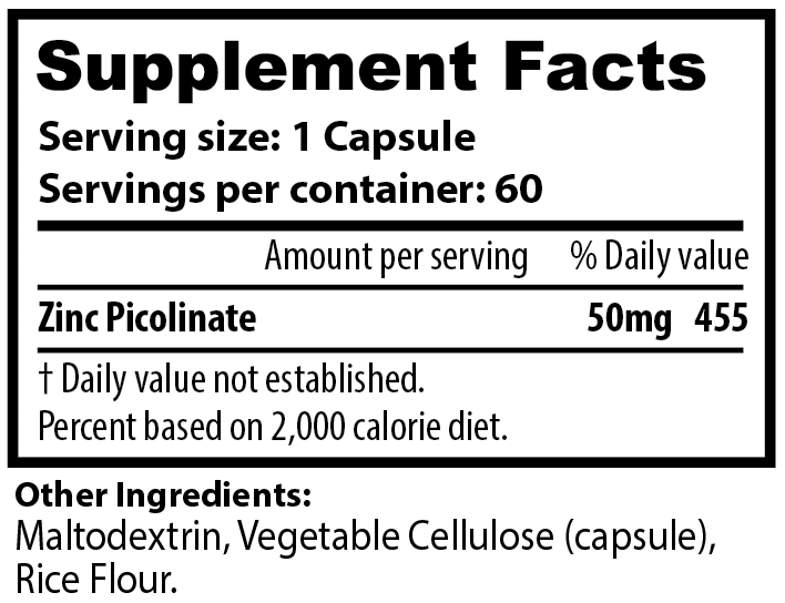 High Absorption Zinc Picolinate Immune Support, Skin Health, Energy & Metabolism – Non-GMO, Gluten-Free, 60 day supply.