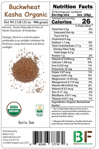 Organic Buckwheat Kasha Hulled Toasted-Non-GMO, Vegan, Bulk