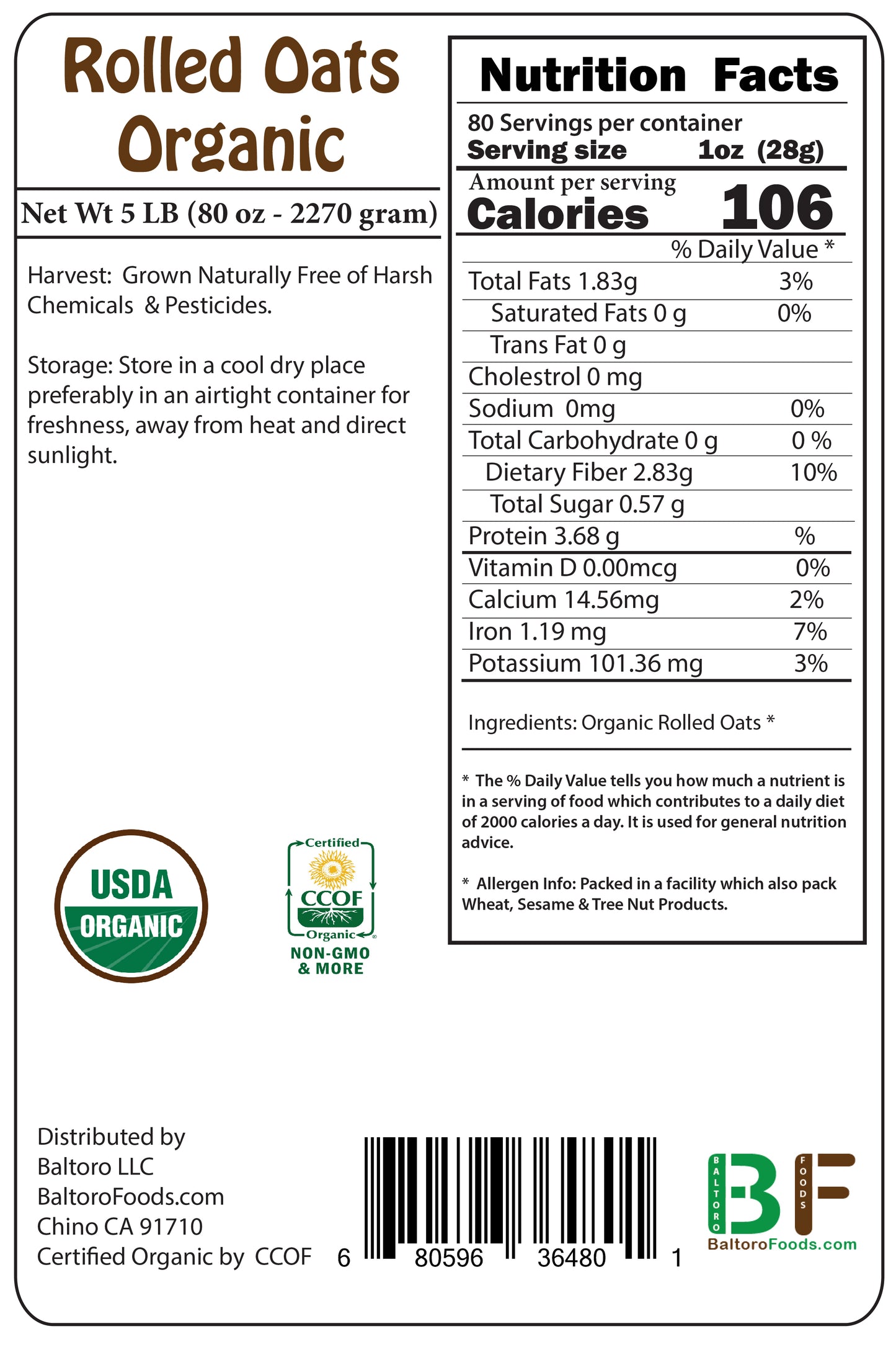 Organic Rolled Oats old fashion gluten free non-GMO, Whole Grain Vegan Bulk