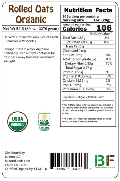 Organic Rolled Oats old fashion gluten free non-GMO, Whole Grain Vegan Bulk