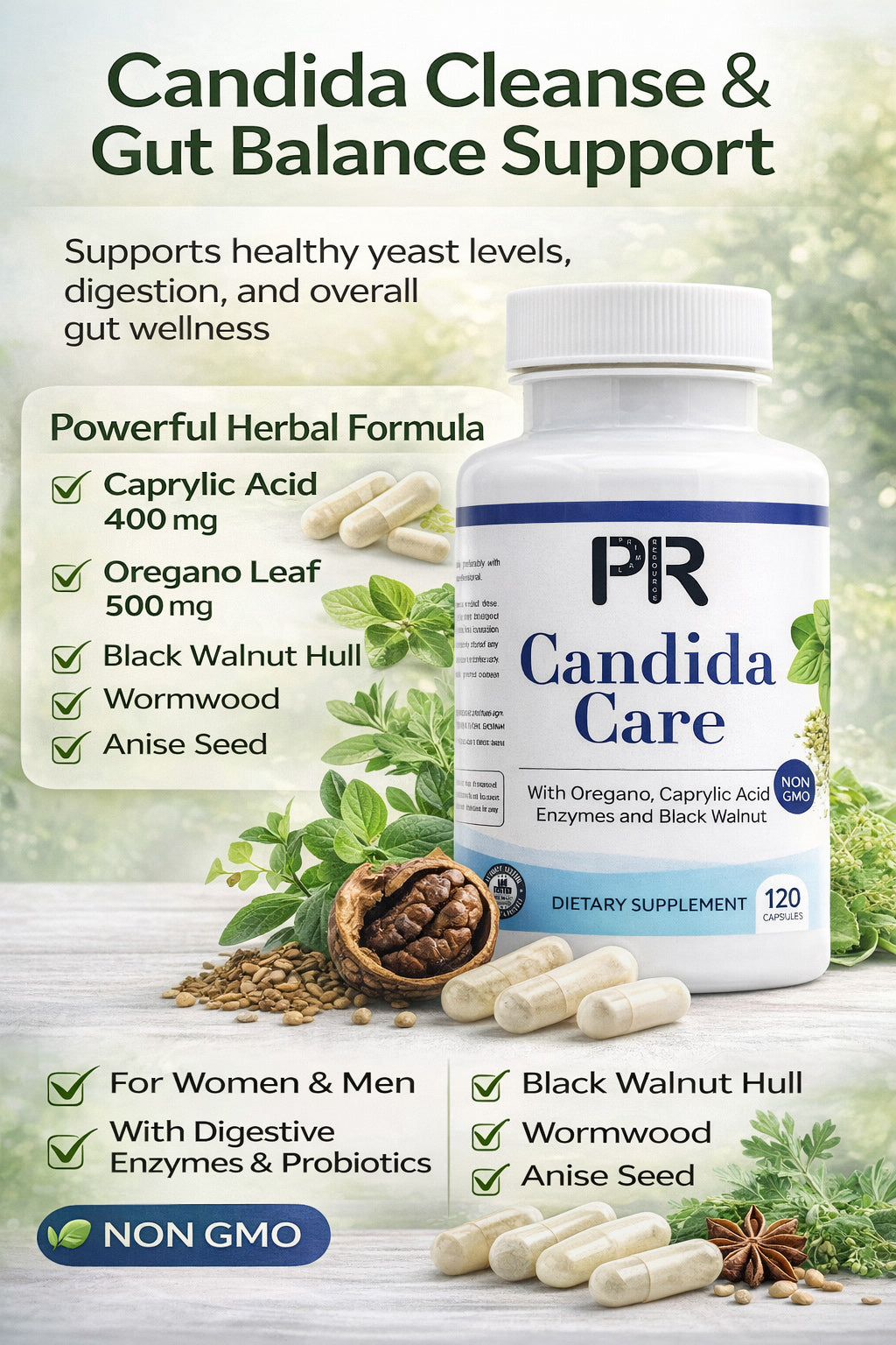 Primal Resource Candida Care Supplement for Women & Men – Yeast & Gut Cleanse Support with Caprylic Acid, Oregano, Anise seeds, Pro