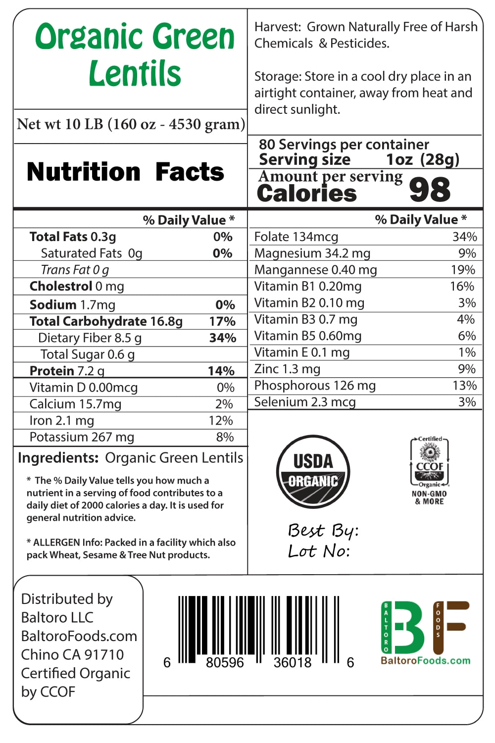 Organic Green Lentils Whole Raw, High Fiber Non-GMO-Bulk