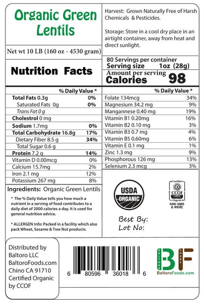 Organic Green Lentils Whole Raw, High Fiber Non-GMO-Bulk