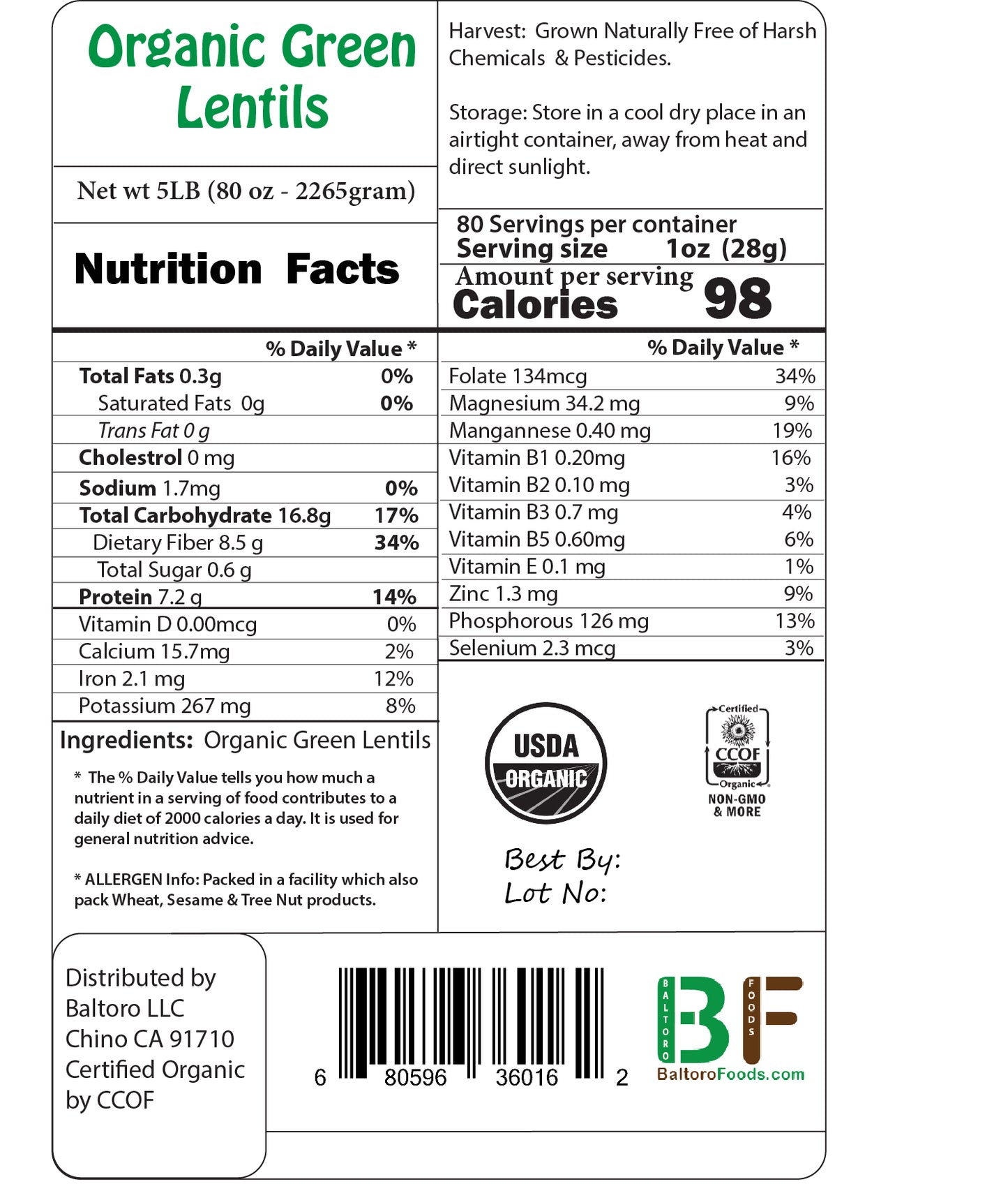 Organic Green Lentils Whole Raw, High Fiber Non-GMO-Bulk