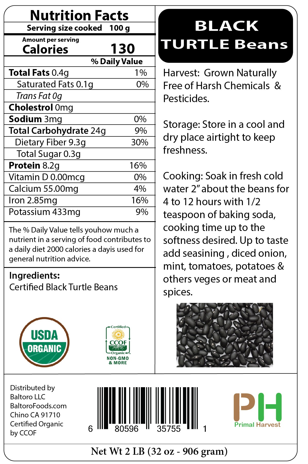 Organic Black Turtle Beans- Fiber & Protein rich, Raw, Non-GMO, Vegan Bulk