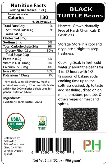 Organic Black Turtle Beans- Fiber & Protein rich, Raw, Non-GMO, Vegan Bulk